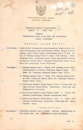 Peraturan Menteri Dalam Negeri ttg pembentukan Dusun Dalam Desa dan Lingkungan    No. : 5 tahun 1981