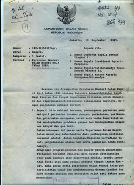 Peraturan Menteri dalam Negeri No. 3 tahun 1984 ttg tatacara penyediaan tanah dan pemberian hak a...