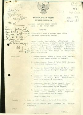 Petunjuk Pelaksanaan Uji Coba Lima Hari Kerja di Lingkungan Pemda No. : 16 Tahun 1994