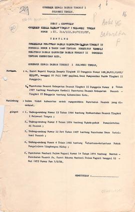 Usul pengesahan Perda TK II Donggala  No. : 214/188.34/VIII/1987