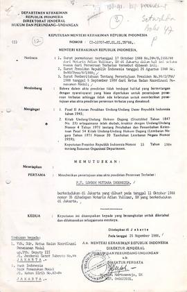 Keputusan Menteri Kehakiman RI No. C 2. 10707.HT.01.01 thn 1988 ttg persetujuan Presiden  No. 99/...