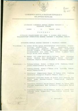 Petunjuk Pelaksanaan Uji Coba Lima Hari Kerja di Lingkungan Pemda Tkt. I Sulteng No. : 43 Tahun 1994